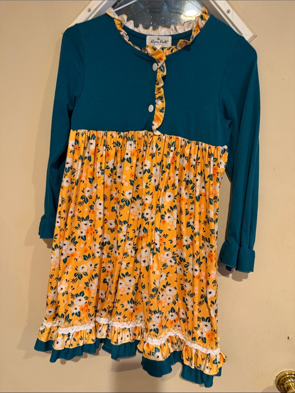 Little Girls Teal and Yellow Floral Ruffle Dress